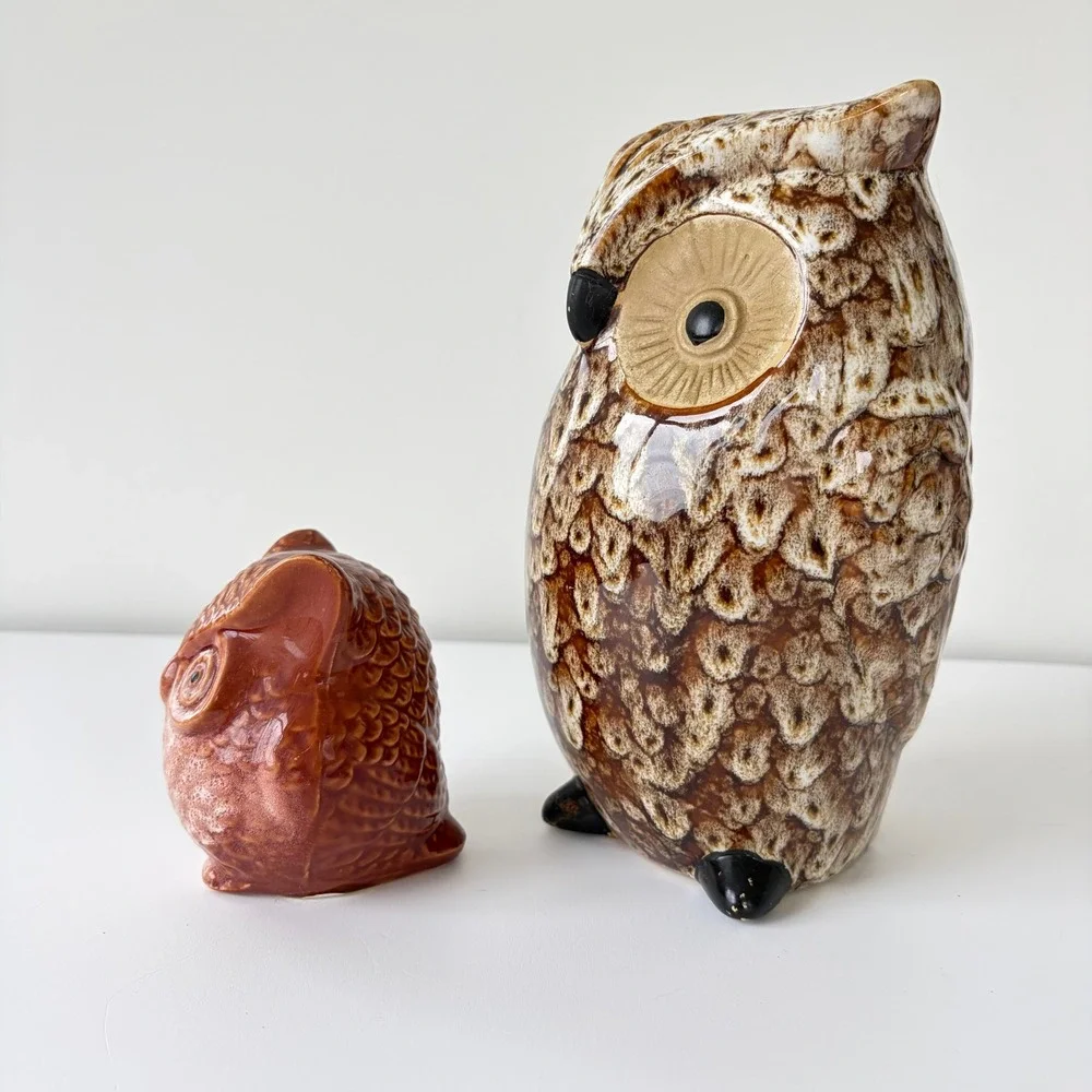 Ceramic Owl Vase and Greenbrier Owl Figurine Set